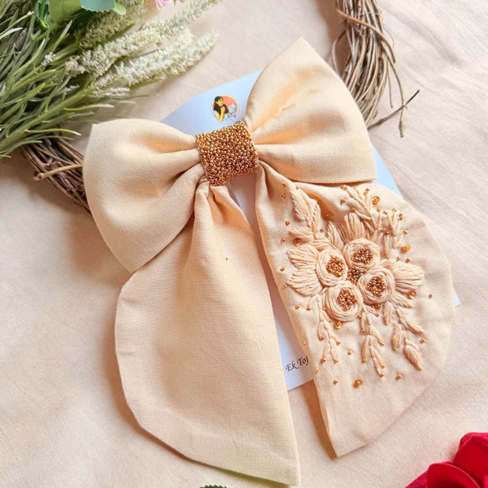 Madhubala Beige Hand Embroidered Floral Bow Hair Accessory