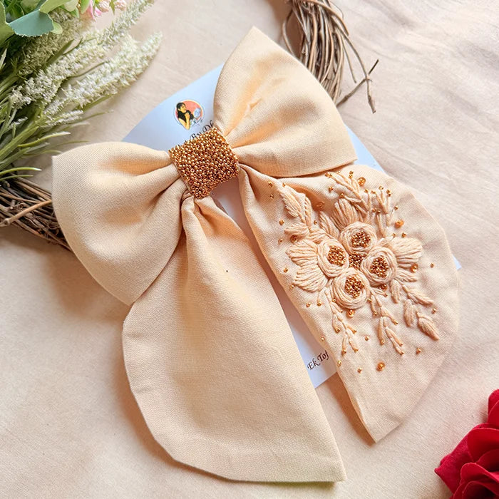 Madhubala Beige Hand Embroidered Floral Bow Hair Accessory