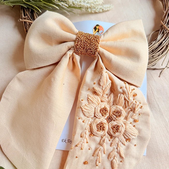 Madhubala Beige Hand Embroidered Floral Bow Hair Accessory