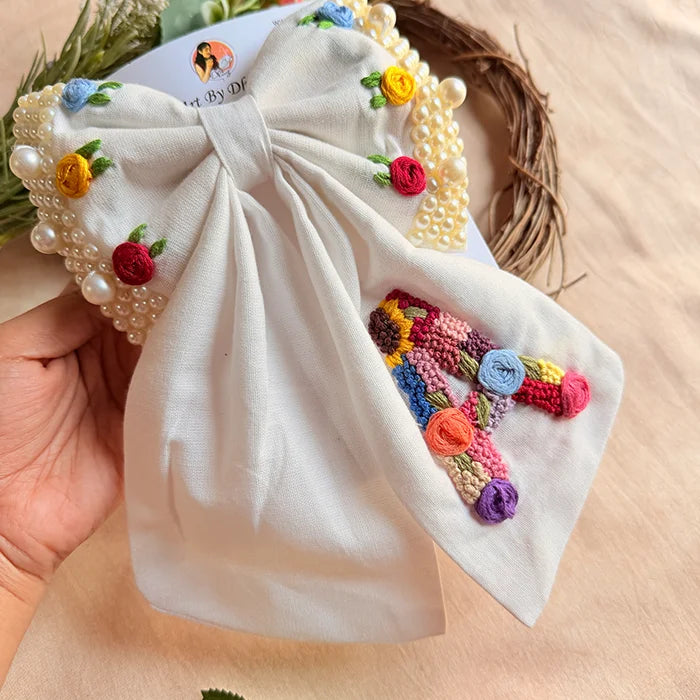 Initial White Personalized Hand Embroidered Pearl Bow Hair Accessory