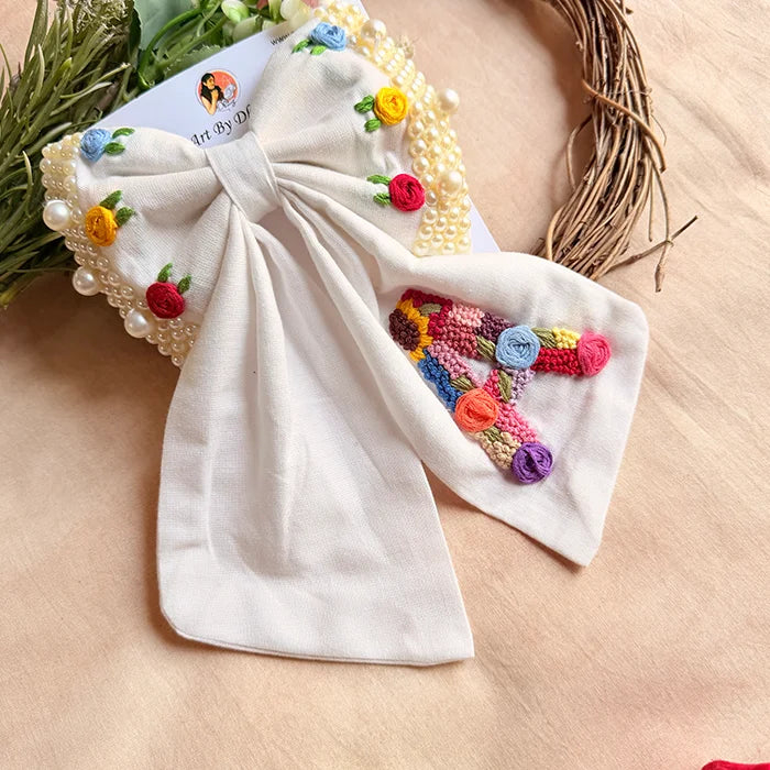 Initial White Personalized Hand Embroidered Pearl Bow Hair Accessory