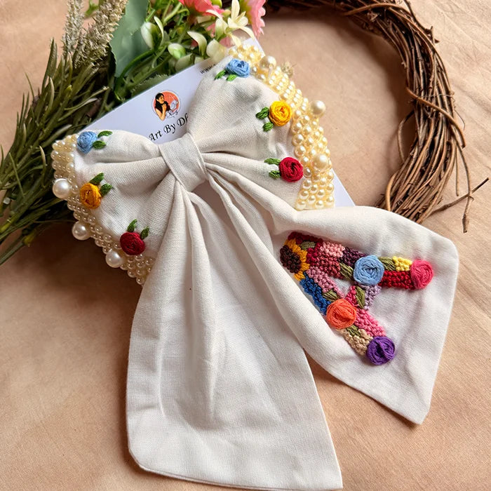 Initial White Personalized Hand Embroidered Pearl Bow Hair Accessory