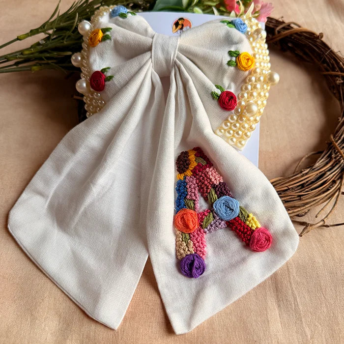 Initial White Personalized Hand Embroidered Pearl Bow Hair Accessory