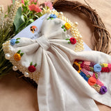 Initial White Personalized Hand Embroidered Pearl Bow Hair Accessory