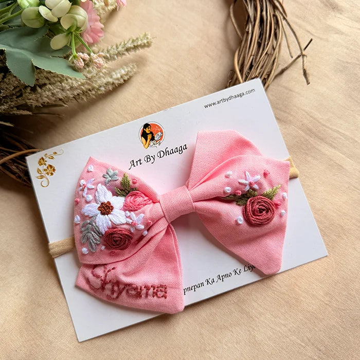 Little Pink Petals Hand Embroidered Toddler Bow Hair Tie – Blush Floral Rubber Band