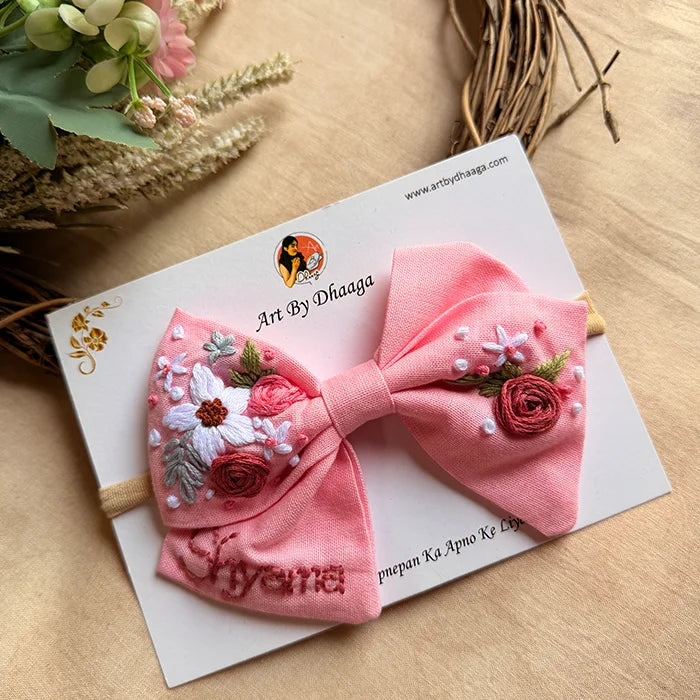 Little Pink Petals Hand Embroidered Toddler Bow Hair Tie – Blush Floral Rubber Band
