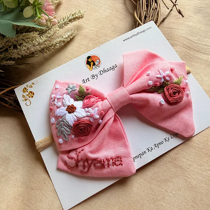Little Pink Petals Hand Embroidered Toddler Bow Hair Tie – Blush Floral Rubber Band