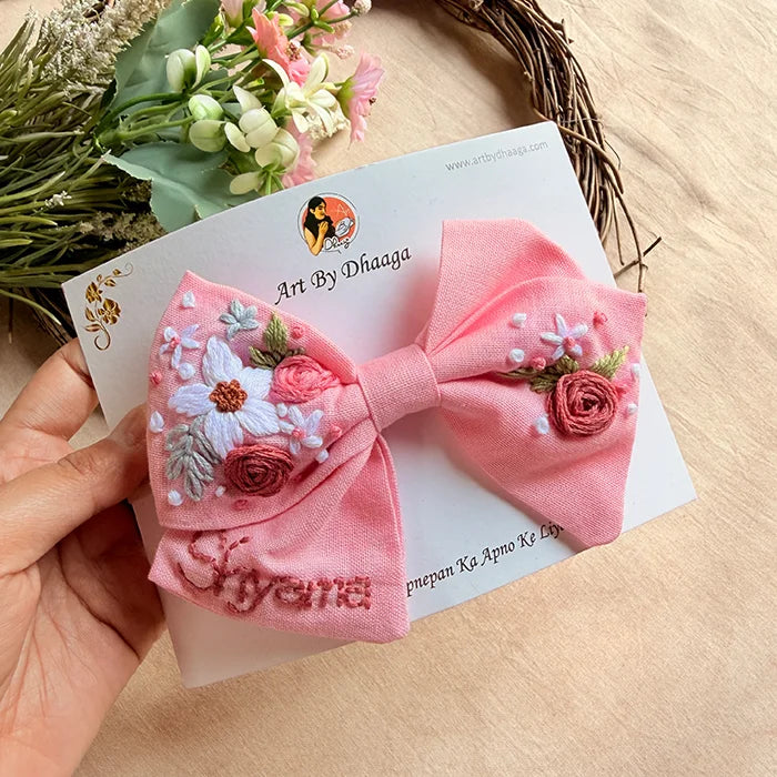 Little Pink Petals Hand Embroidered Toddler Bow Hair Tie – Blush Floral Rubber Band
