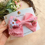 Little Pink Petals Hand Embroidered Toddler Bow Hair Tie – Blush Floral Rubber Band