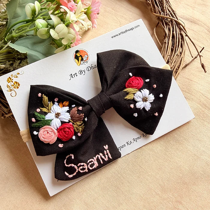 Little Night Garden Hand Embroidered Toddler Bow Hair Tie – Black Floral Rubber Band