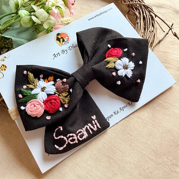 Little Night Garden Hand Embroidered Toddler Bow Hair Tie – Black Floral Rubber Band