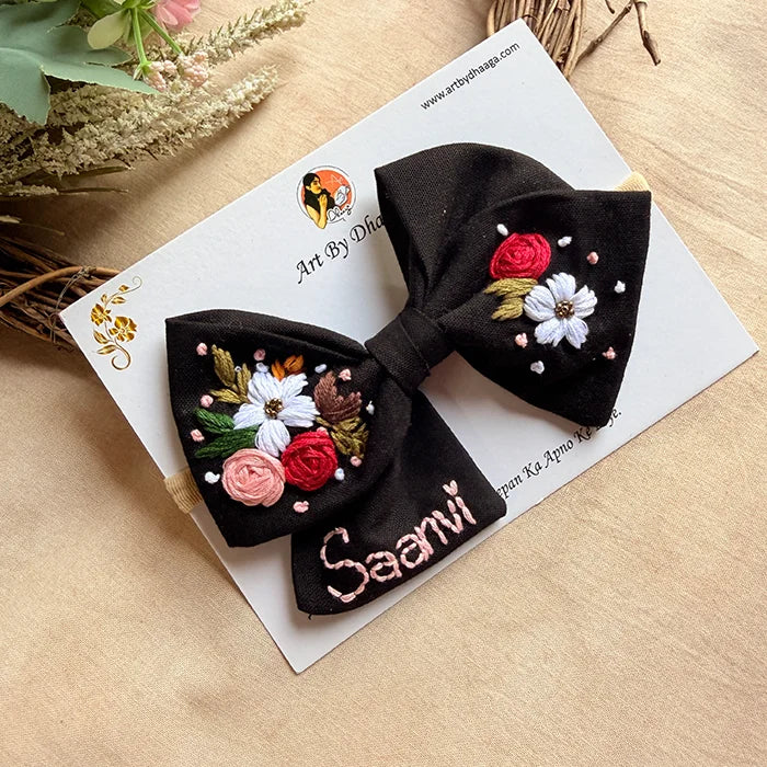 Little Night Garden Hand Embroidered Toddler Bow Hair Tie – Black Floral Rubber Band