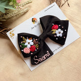 Little Night Garden Hand Embroidered Toddler Bow Hair Tie – Black Floral Rubber Band
