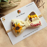 Little Sunflower Hand Embroidered Toddler Bow Hair Tie – Cream Floral Rubber Band