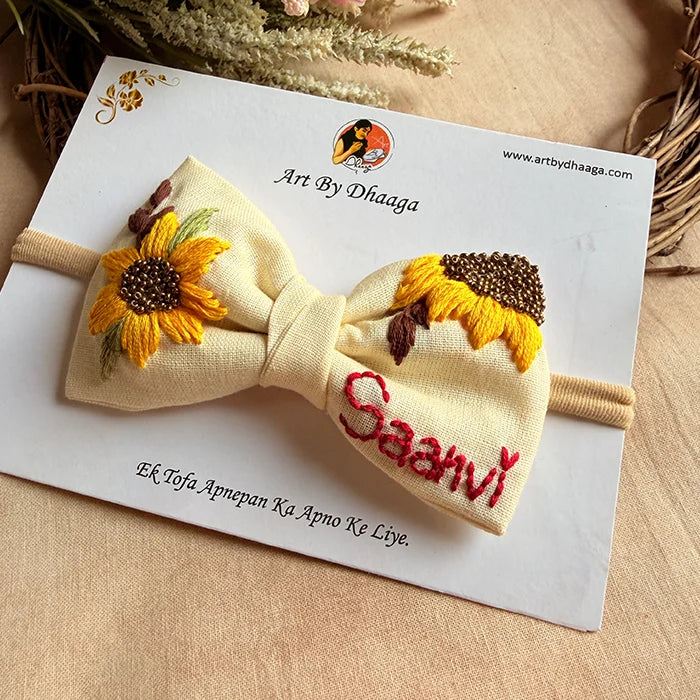 Little Sunflower Hand Embroidered Toddler Bow Hair Tie – Cream Floral Rubber Band