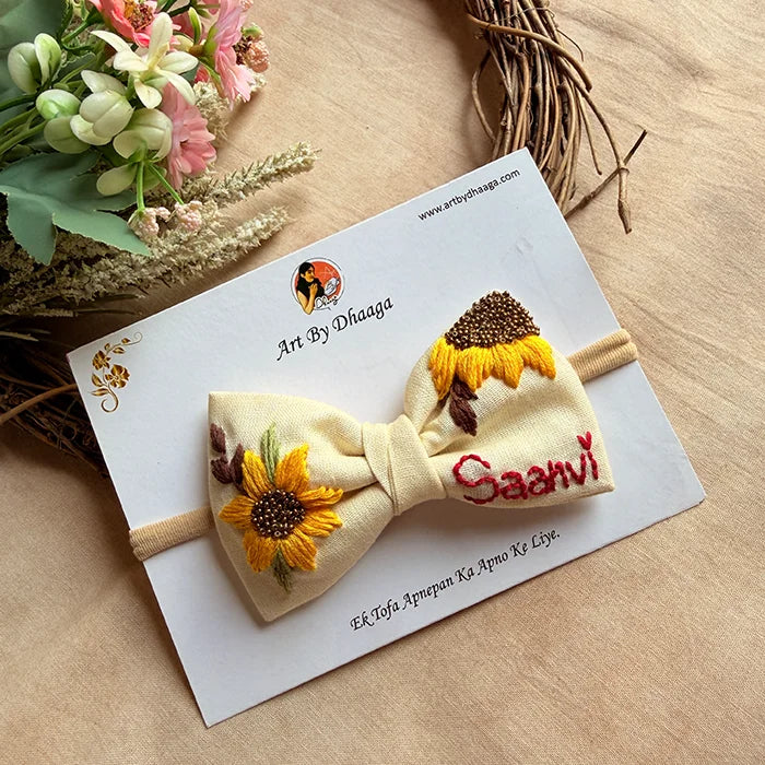Little Sunflower Hand Embroidered Toddler Bow Hair Tie – Cream Floral Rubber Band