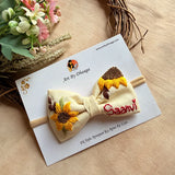 Little Sunflower Hand Embroidered Toddler Bow Hair Tie – Cream Floral Rubber Band