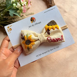 Little Sunflower Hand Embroidered Toddler Bow Hair Tie – Cream Floral Rubber Band