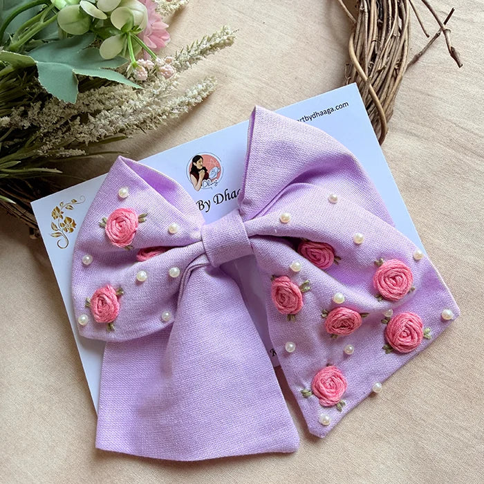Baby Bloom Lavender Hand Embroidered Bow Hair Accessory