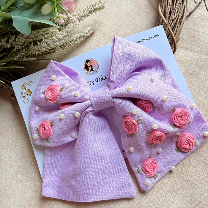 Baby Bloom Lavender Hand Embroidered Bow Hair Accessory