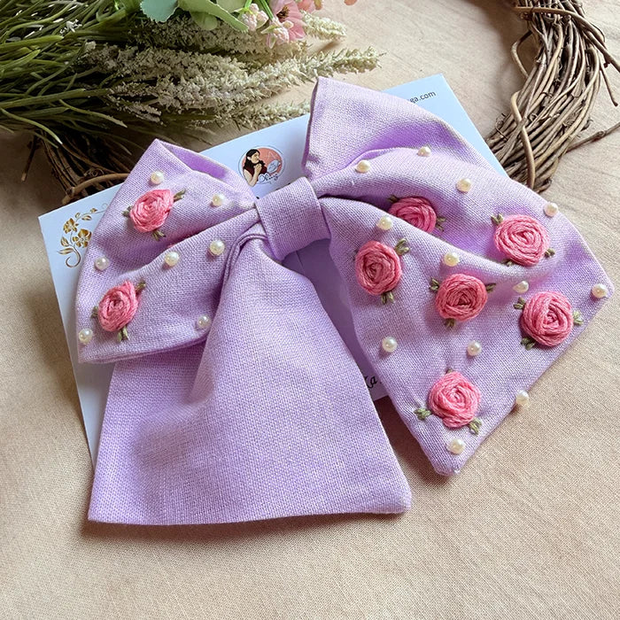 Baby Bloom Lavender Hand Embroidered Bow Hair Accessory