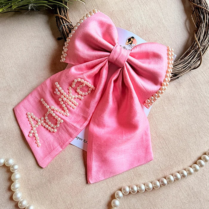 Pearl Name Pink Hand-Embroidered Bow Hair Accessory