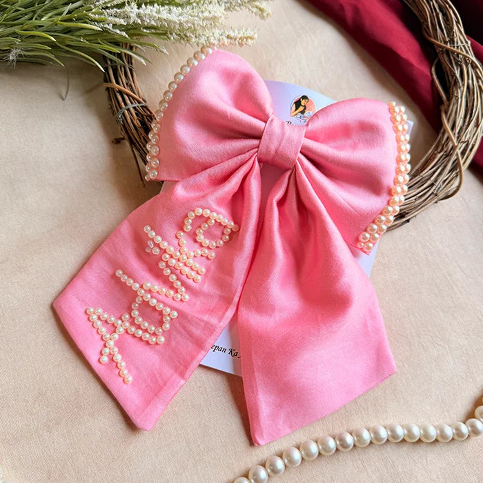 Pearl Name Pink Hand-Embroidered Bow Hair Accessory