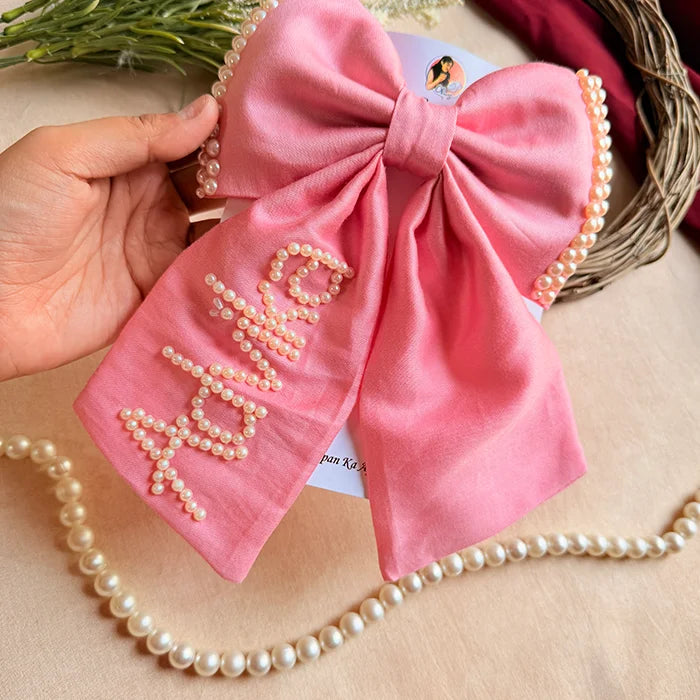 Pearl Name Pink Hand-Embroidered Bow Hair Accessory