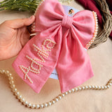 Pearl Name Pink Hand-Embroidered Bow Hair Accessory