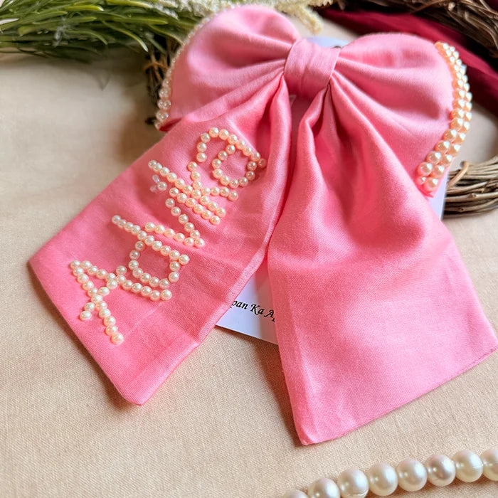 Pearl Name Pink Hand-Embroidered Bow Hair Accessory