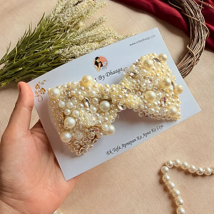 Darling Pearl Hand-Embroidered Bow Hair Accessory