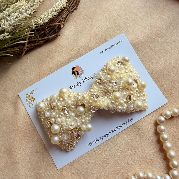 Darling Pearl Hand-Embroidered Bow Hair Accessory