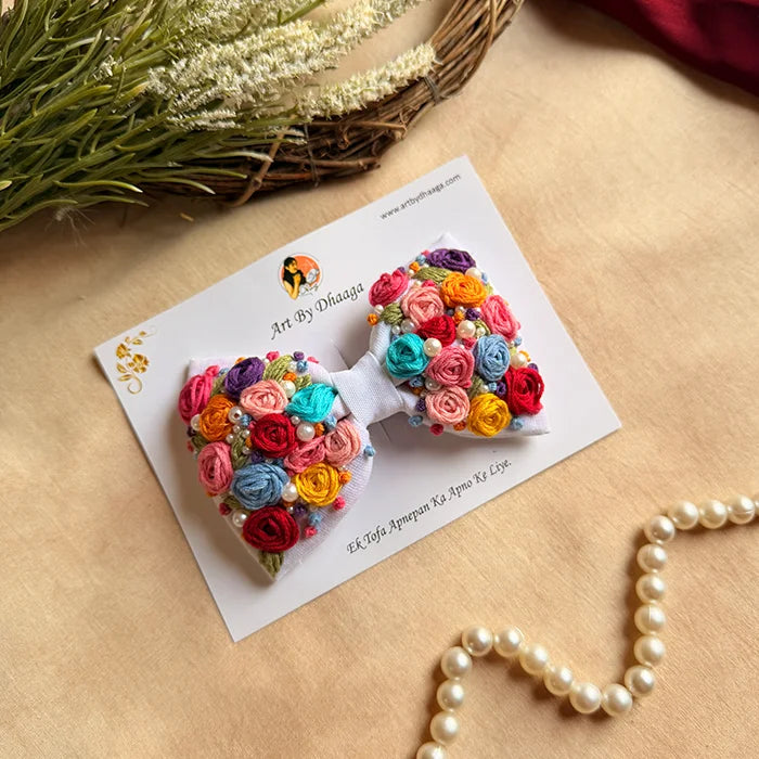 Rainbow Garden Hand-Embroidered Floral Bow Hair Accessory