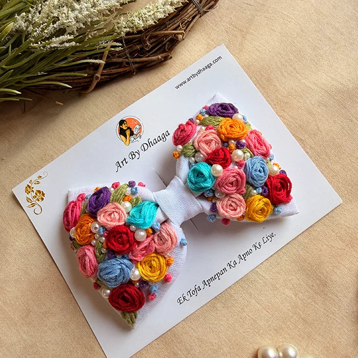Rainbow Garden Hand-Embroidered Floral Bow Hair Accessory