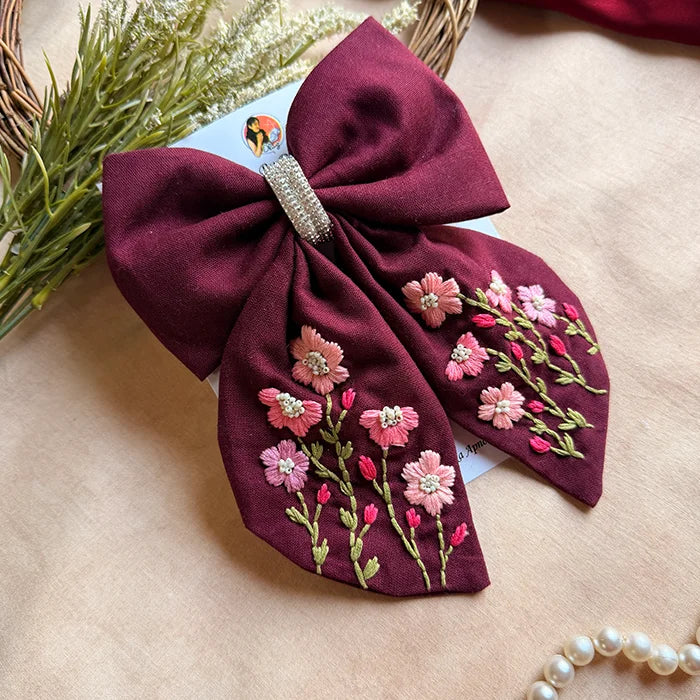 Roohi Wine Floral Hand-Embroidered Bow Hair Accessory