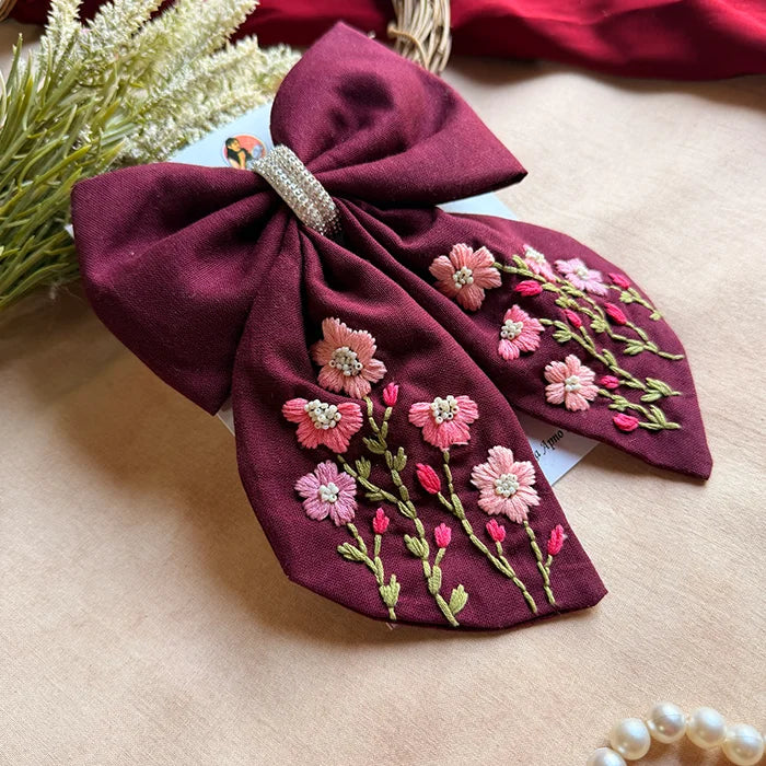 Roohi Wine Floral Hand-Embroidered Bow Hair Accessory