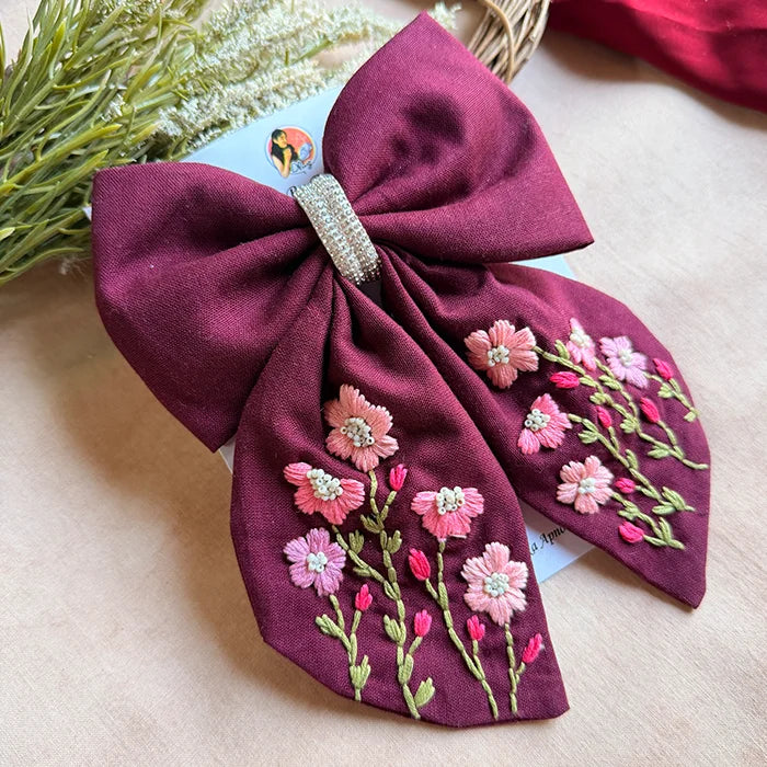 Roohi Wine Floral Hand-Embroidered Bow Hair Accessory