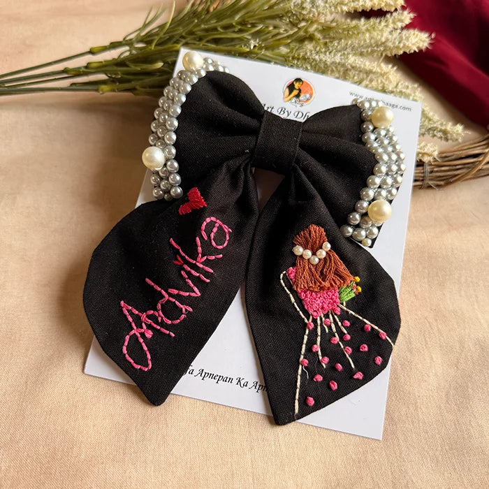 Aaina Black Mini Bow for Kids – Hand-Embroidered Personalized Hair Accessory