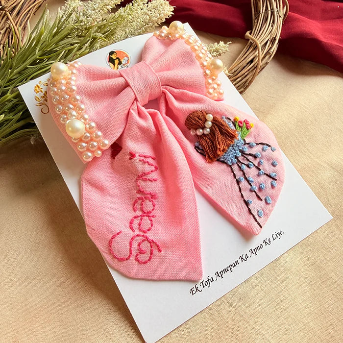 Aaina Mini Pink Bow for Kids – Hand-Embroidered Personalized Hair Accessory