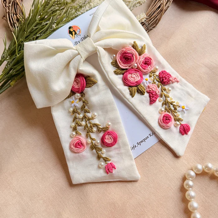 Aruna Floral Hand-Embroidered Bow Hair Accessory