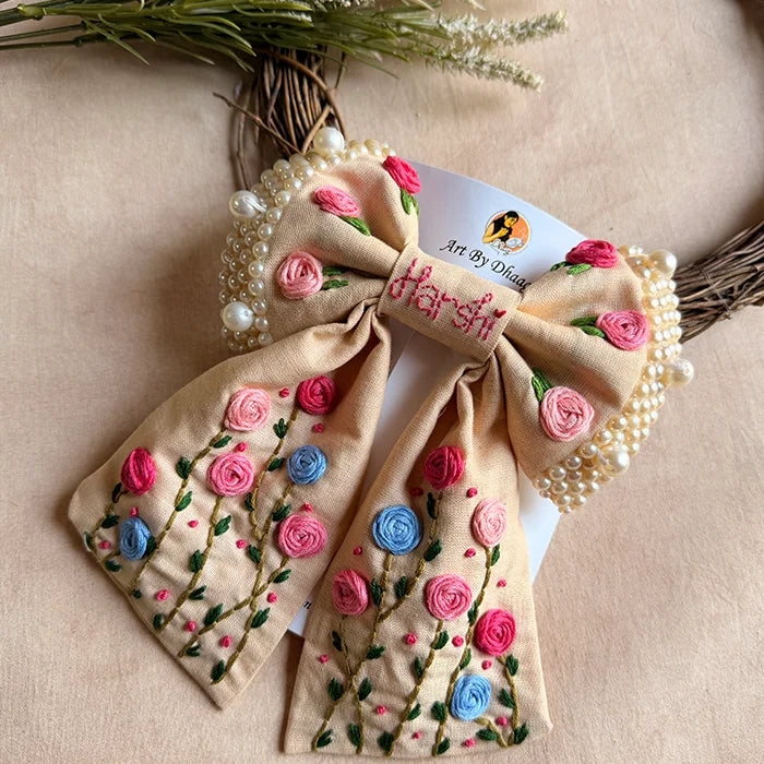 Apsara Mini Beige Bow for Kids – Hand-Embroidered Floral Hair Accessory