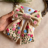 Apsara Mini Beige Bow for Kids – Hand-Embroidered Floral Hair Accessory