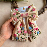 Apsara Mini Beige Bow for Kids – Hand-Embroidered Floral Hair Accessory