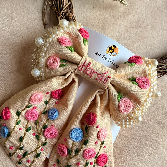 Apsara Mini Beige Bow for Kids – Hand-Embroidered Floral Hair Accessory