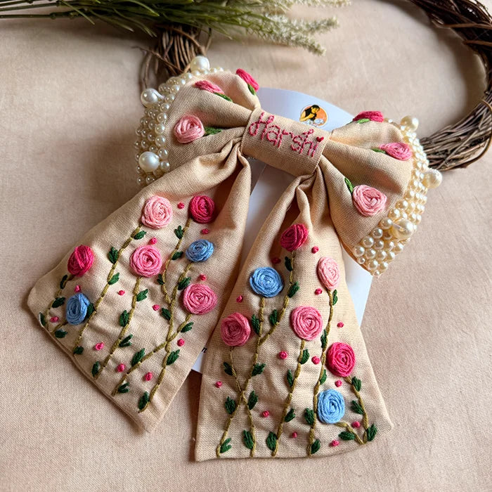 Apsara Mini Beige Bow for Kids – Hand-Embroidered Floral Hair Accessory