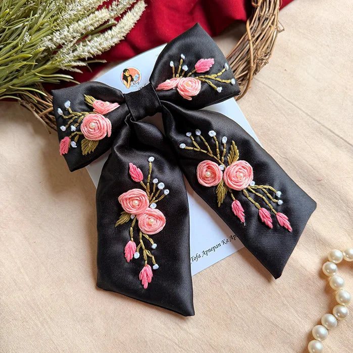 Kali Hand Embroidered Floral Black Bow Hair Clip