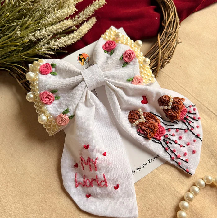 Mother Daughter Duo Hand Embroidered Pearl Bow Hair Clip