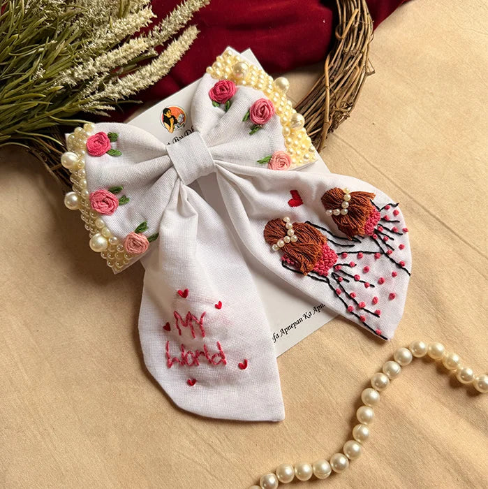 Mother Daughter Duo Hand Embroidered Pearl Bow Hair Clip
