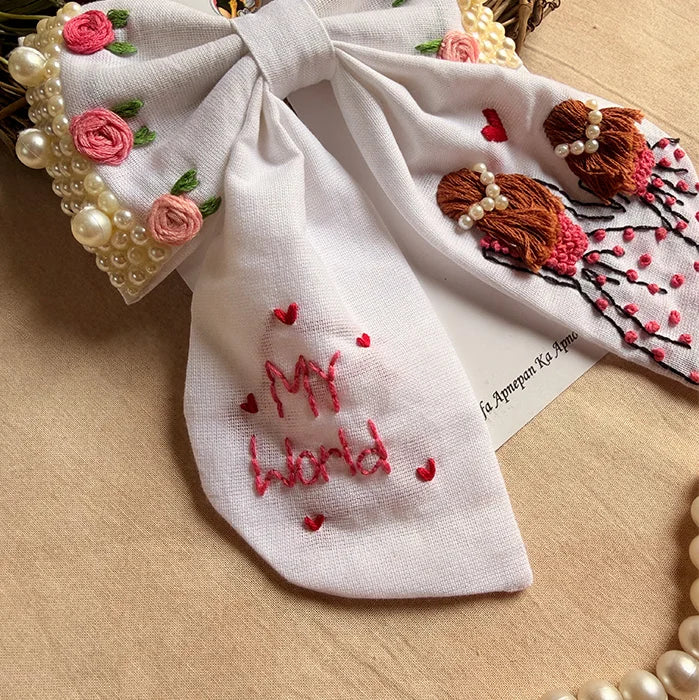Mother Daughter Duo Hand Embroidered Pearl Bow Hair Clip