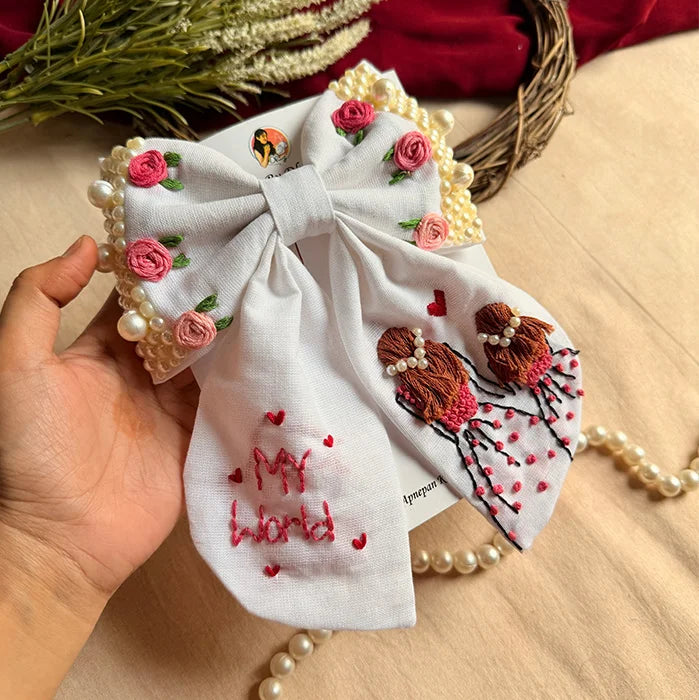 Mother Daughter Duo Hand Embroidered Pearl Bow Hair Clip